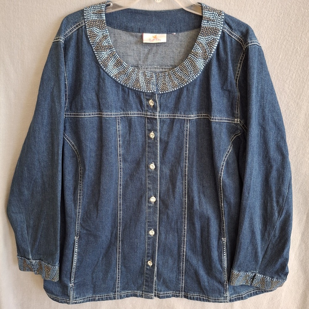 Quacker Factory Denim Jacket 2X Blue Rhinestone Animal Print DreamJeannes Stretc